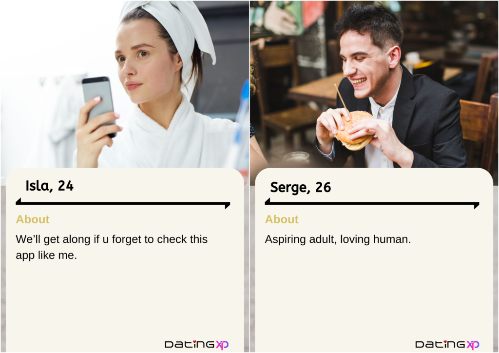 two dating profile examples from the dating app Bumble 